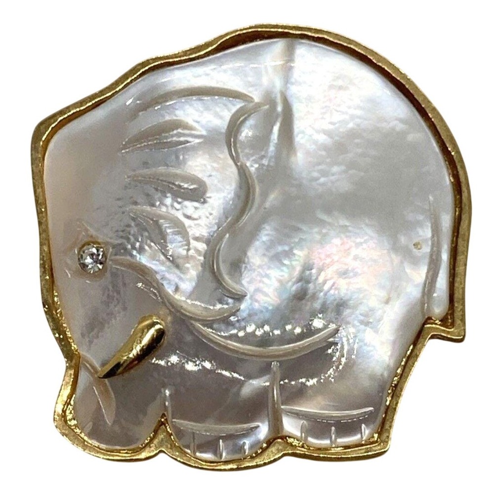 Vintage AD 2004 Gold Tone Mother of Pearl & CZ Elephant Pin Brooch Animal Cute